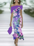 Women Floral Summer Printing Dress Cold Shoulder Cap Sleeve H-Line Dress