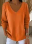Casual Plain V Neck Long Sleeve T-shirt