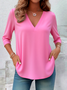 Casual Plain V Neck Long Sleeve T-shirt