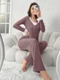 Women Plain Two-Piece Set Daily Long Sleeve Casual Spring/Fall Top With Pants Matching Set