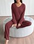 Women Plain Two-Piece Set Daily Long Sleeve Casual Spring/Fall Top With Pants Matching Set