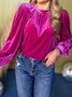Crew Neck Puff Sleeve Long Sleeve Plain Gathered Regular Micro-Elasticity Loose Tunic Shirt For Women
