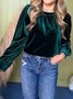 Crew Neck Puff Sleeve Long Sleeve Plain Gathered Regular Micro-Elasticity Loose Tunic Shirt For Women