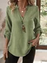V Neck Long Sleeve Plain Regular Loose Shirt For Women