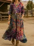 Women Ethnic Spring/Fall Dress V Neck Long Sleeve H-Line Dress