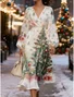 Women Christmas Puff Sleeve Spring/Fall Dress V Neck Long Sleeve A-Line Dress