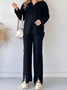 Women Plain Split Joint Two-Piece Set Daily Long Sleeve Casual Spring/Fall Top With Pants Matching Set