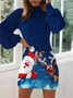 Women Christmas Snowman Balloon Sleeve Spring/Fall Printing Dress Crew Neck Long Sleeve Hip Skirt A-Line Dress
