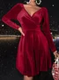 Women Plain Spring/Fall Split Joint Dress V Neck Long Sleeve Party Dress A-Line Dress