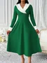 Women Plain Spring/Fall Split Joint Dress V Neck Long Sleeve Tank A-Line Dress