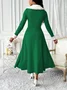 Women Plain Spring/Fall Split Joint Dress V Neck Long Sleeve Tank A-Line Dress