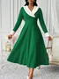 Women Plain Spring/Fall Split Joint Dress V Neck Long Sleeve Tank A-Line Dress