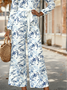 Women Botanical Pattern V Neck Long Sleeve Elegant Spring/Fall Jumpsuit