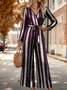Women Striped V Neck Long Sleeve Elegant Spring/Fall Jumpsuit