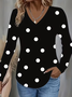 Casual Polka Dots V Neck Long Sleeve T-shirt