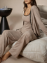 3pcs Women Casual Solid Color Fitted Long Sleeve Robe, Camisole Top And Pants Loungewear Set