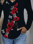 Casual Floral V Neck Long Sleeve T-shirt