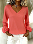 Vintage Plain V Neck Long Sleeve T-shirt