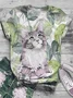 Summer Casual Cute Cat Cotton-Blend Vintage Floral T-shirt