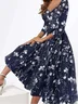 Women Floral Pattern V Neck Three Quarter Sleeve Comfy Vacation Maxi Dress