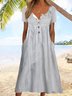 Women Striped Notched Short Sleeve Comfy Vacation Buckle Midi Dress