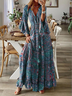 Women Floral V Neck Long Sleeve Comfy Boho Maxi Dress