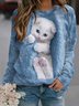 Casual Crew Neck Cat Sweatshirt