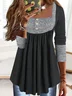 Casual Plain Stitched Buttons Color-block Long-sleeve Jersey Loose Tunic Top