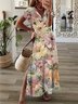 Women Floral V Neck Short Sleeve Comfy Casual Maxi Dress