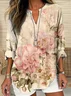 Notched Long Sleeve Floral Regular Loose Shirt For Women