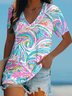 Casual Ocean Pattern V Neck Short Sleeve T-shirt