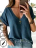 V Neck Short Sleeve Plain Regular Loose Blouse For Women