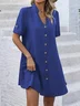 Women Plain V Neck Short Sleeve Comfy Casual Buckle Short Dress