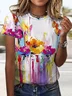 Casual Floral V Neck Short Sleeve T-shirt