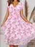 Women Floral V Neck Short Sleeve Comfy Casual Midi Dress