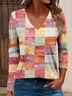 Casual Plaid V Neck Long Sleeve T-shirt