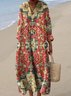 Women Vacation Floral Printing V Neck Long Sleeve Comfy Vintage Maxi Dress