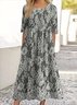Women Floral Crew Neck Three Quarter Sleeve Comfy Casual Maxi Dress
