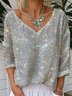 Vintage Sequin Pattern Plain V Neck Long Sleeve T-shirt
