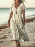 Women Vintage Floral Art Print Short Sleeve Comfy Casual Maxi Dress