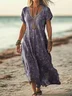 Women Vintage Floral V Neck Short Sleeve Comfy Casual Printing Maxi Dress