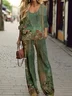 Women Floral Crew Neck Long Sleeve Comfy Casual Printing Top With Pants Two-Piece Set