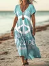 Women Hippie V Neck Short Sleeve Comfy Casual Printing Maxi Dress
