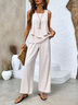 Women Plain Crew Neck Sleeveless Comfy Casual Top With Pants Two-Piece Set