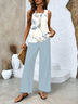 Women Floral Crew Neck Sleeveless Comfy Casual Printing Top With Pants Two-Piece Set