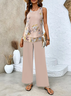 Women Floral Crew Neck Sleeveless Comfy Casual Printing Top With Pants Two-Piece Set