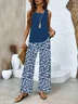 Women Floral Crew Neck Sleeveless Comfy Casual Printing Top With Pants Two-Piece Set