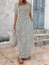 Women Floral Summer Printing Dress V Neck Short Sleeve T-Shirt Dress H-Line Dress