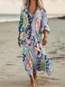 Women Paisley V Neck Long Sleeve Casual Vintage Maxi Dress