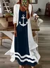 Women Anchor Crew Neck Three Quarter Sleeve Comfy Casual Printing Dress With Coat Two-Piece Set